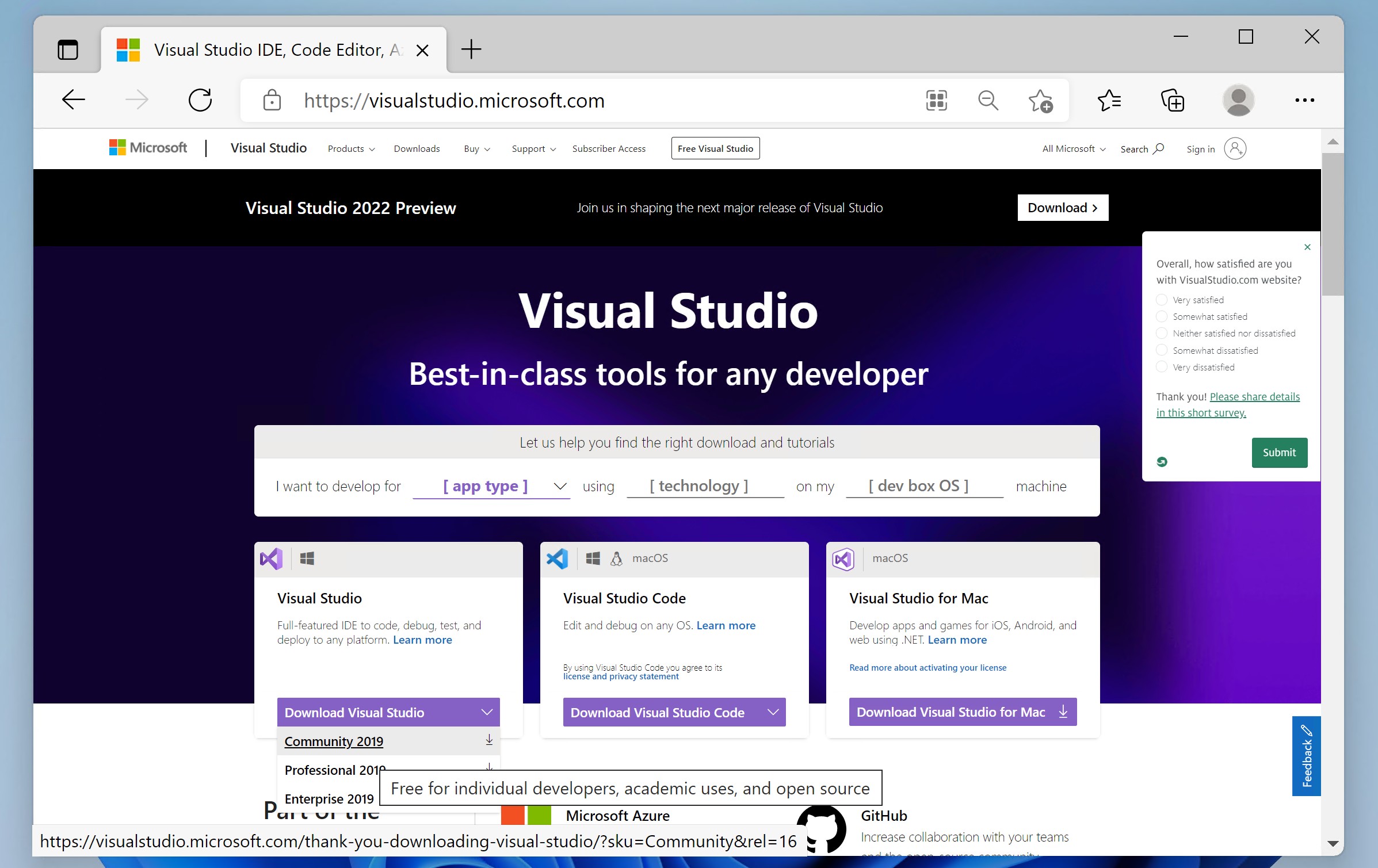 在浏览器中打开 visualstudio.com，点击 Download Visual Studio